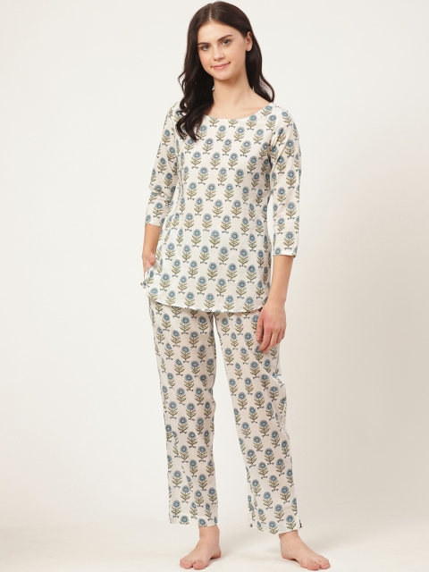 

Prakrti Women Off-White & Blue Printed Night suit