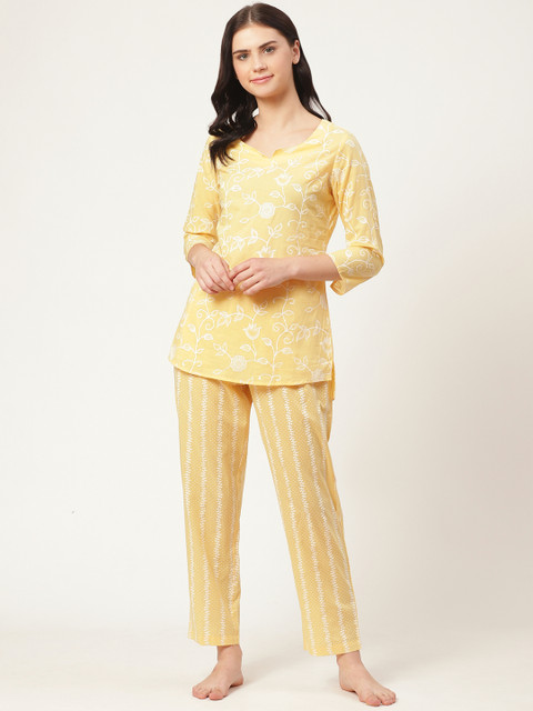 

Prakrti Women Yellow & White Ethnic Botanical Print Cotton Night Suit Set