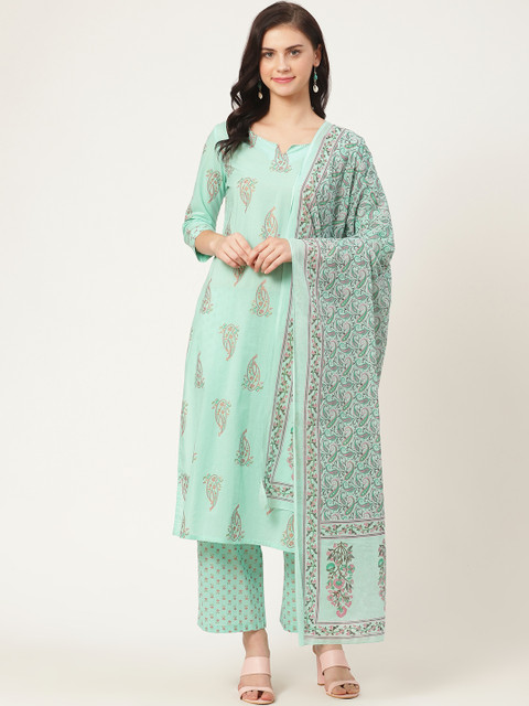 

Prakrti Women Sea Green & Orange Paisley Printed Kurta with Trousers & Dupatta