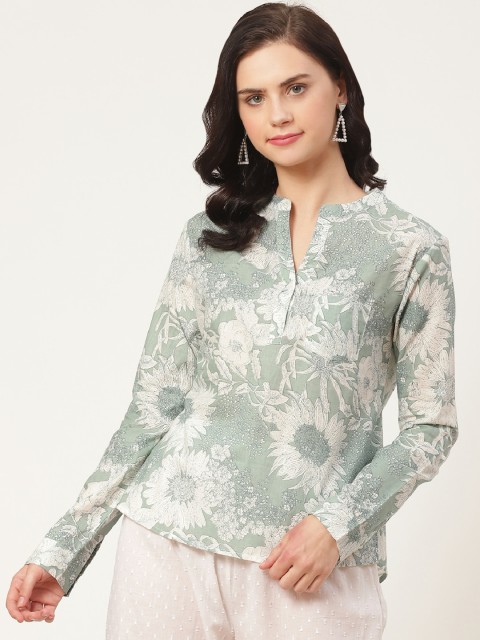 

Prakrti Women Green & Grey Floral Print Shirt Style Pure Cotton Top