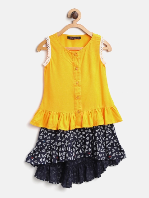 

pspeaches Girls Yellow & Navy Blue Solid Top with High Low Skirt