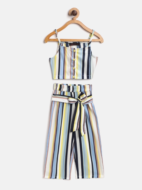 

pspeaches Girls Off-White & Blue Striped Co-Ords Jumpsuit