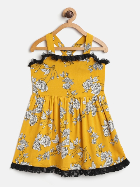 

pspeaches Girls Mustard Yellow & Off-White Floral Print A-Line Dress