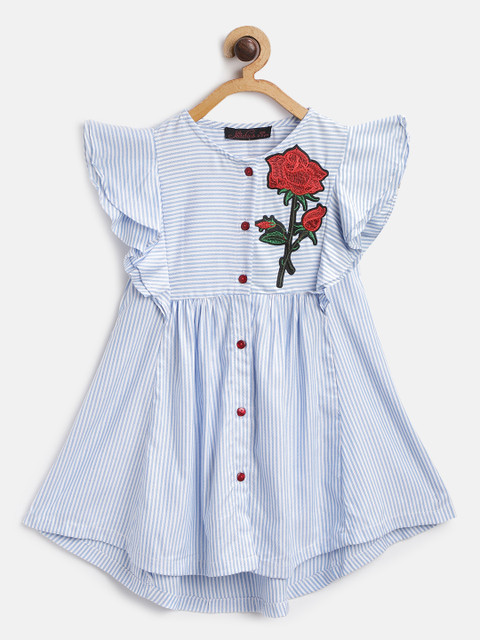 

pspeaches Girls Blue & White Striped A-Line Dress With Applique Detail