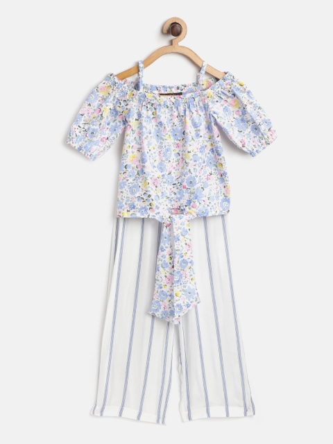 

pspeaches Girls White & Blue Floral Print Bardot Top with Trousers