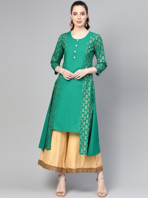 

Meeranshi Women Green & Gold-Coloured Floral Printed A-Line Kurta