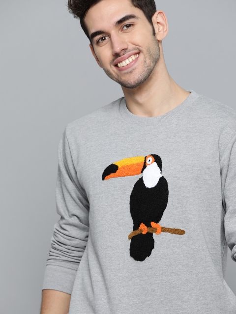 

Mast & Harbour Men Grey Melange Embroidered Sweatshirt