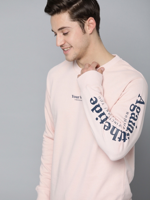 Men Peach-Coloured Pure Cotton Solid Sweatshirt