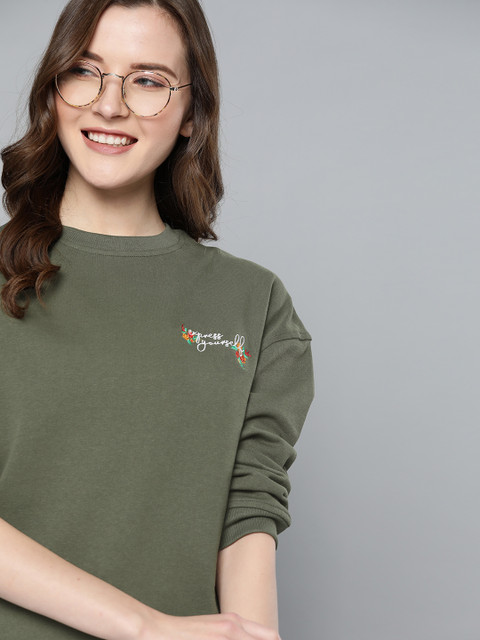 

Mast & Harbour Women Olive Green Solid Sweatshirt with Embroidered Detail