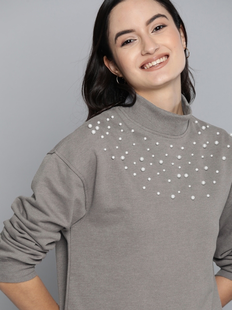 

Mast & Harbour Women Grey Boxy Fit Solid High Neck Sweatshirt