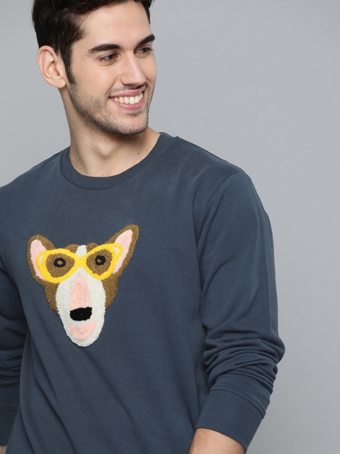 

Mast & Harbour Men Navy Blue Pure Cotton Applique Detail Sweatshirt