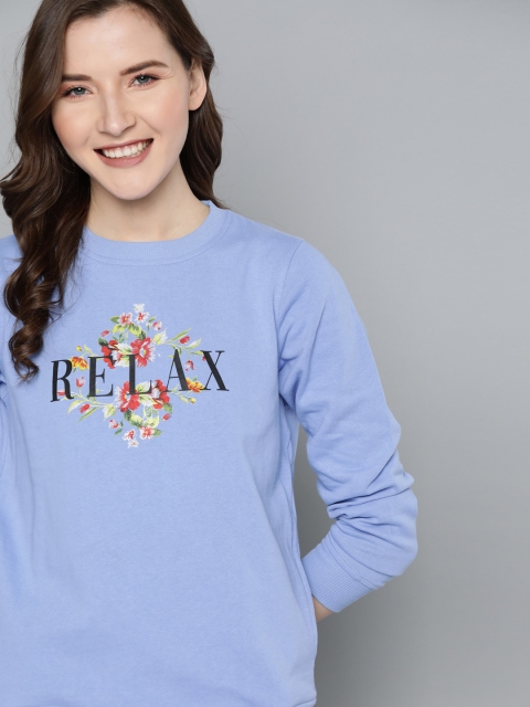 

Mast & Harbour Women Blue Typography & Floral Print Sweatshirt