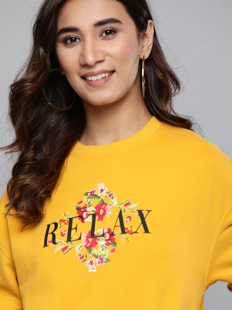 

Mast & Harbour Women Mustard Yellow & Black Pure Cotton Printed Sweatshirt