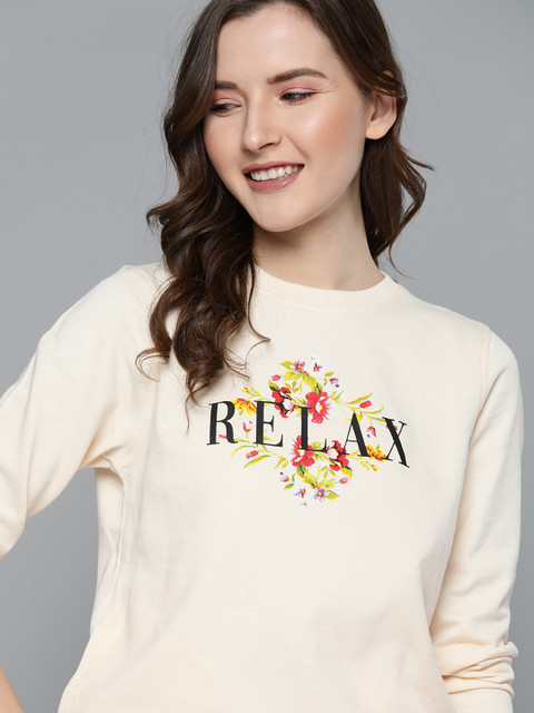 

Mast & Harbour Women Cream-Coloured Typography & Floral Print Sweatshirt