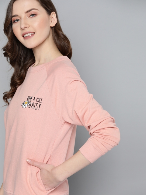 

Mast & Harbour Women Peach-Coloured Solid Sweatshirt with Printed Detail