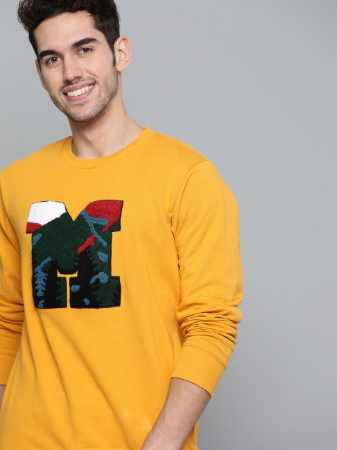

Mast & Harbour Men Mustard Yellow & Black Pure Cotton Applique Detail Sweatshirt