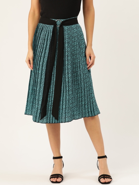

Antheaa Women Navy Blue & Sea Green Ethnic Printed Accordion Pleated A-Line Skirt