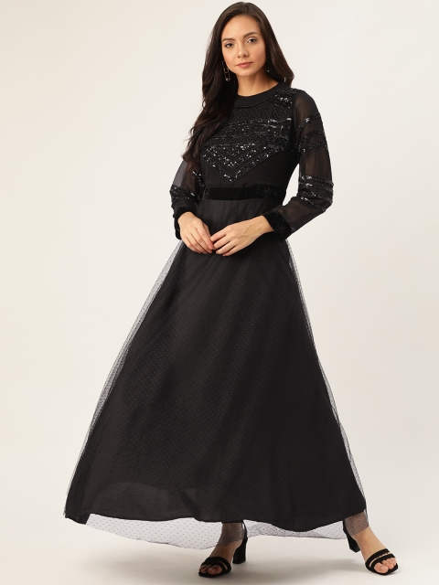 

Antheaa Women Black Embellished Net Maxi Dress