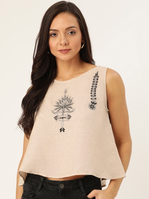 

Antheaa Women Beige & Black Ethnic Embroidered Sheen A-Line Pure Cotton Top