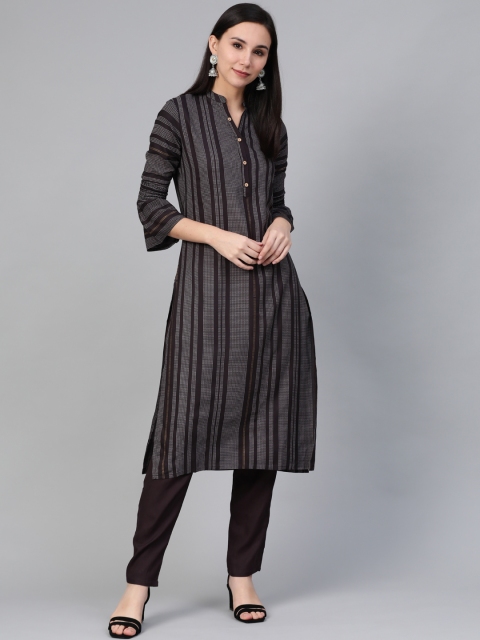 

Anubhutee Women Charcoal Grey & Lavender Striped Straight Kurta