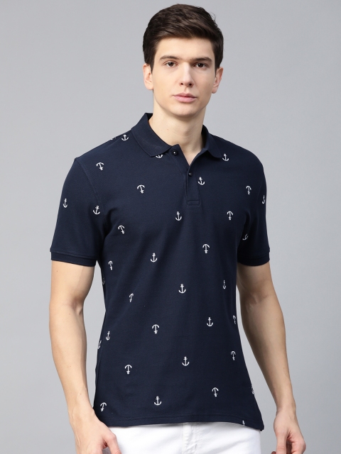 

Marks & Spencer Men Navy Blue & White Embroidered Slim Fit Polo Collar T-shirt