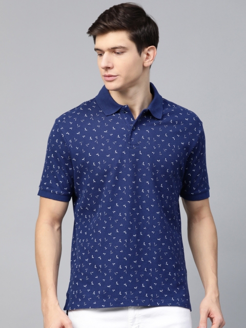 

Marks & Spencer Men Navy Blue & White Printed Slim Fit Polo Collar T-shirt