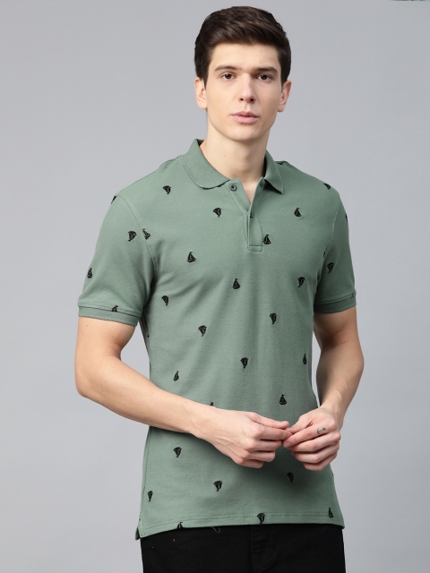 

Marks & Spencer Men Olive Green & Black Slim Fit Embroidered Polo Collar T-shirt