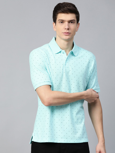

Marks & Spencer Men Sea Green & Navy Blue Slim Fit Geometric Printed Polo Collar T-shirt