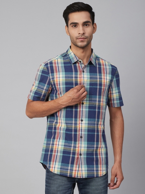 

Marks & Spencer Men Blue & Peach-Coloured Regular Fit Checked Casual Shirt