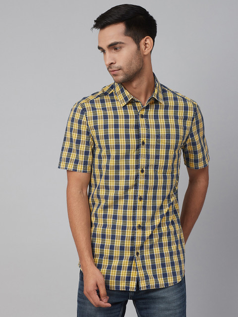 

Marks & Spencer Men Yellow & Navy Blue Regular Fit Checked Casual Shirt