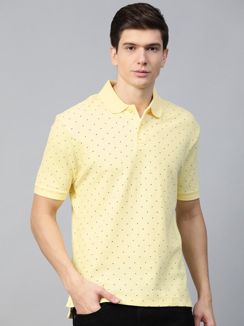 

Marks & Spencer Men Yellow & Navy Blue Slim Fit Geometric Printed Polo Collar T-shirt