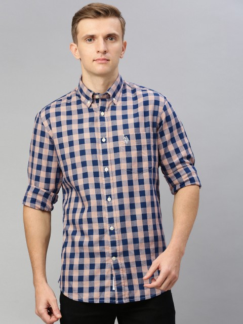 

U.S. Polo Assn. Men Peach-Coloured & Blue Tailored Fit Checked Casual Shirt