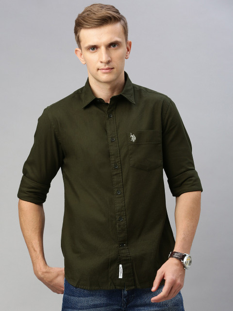 

U.S. Polo Assn. Men Olive Green Tailored Fit Solid Casual Shirt