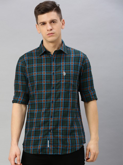 

U.S. Polo Assn. Men Green & Blue Tailored Fit Checked Casual Shirt