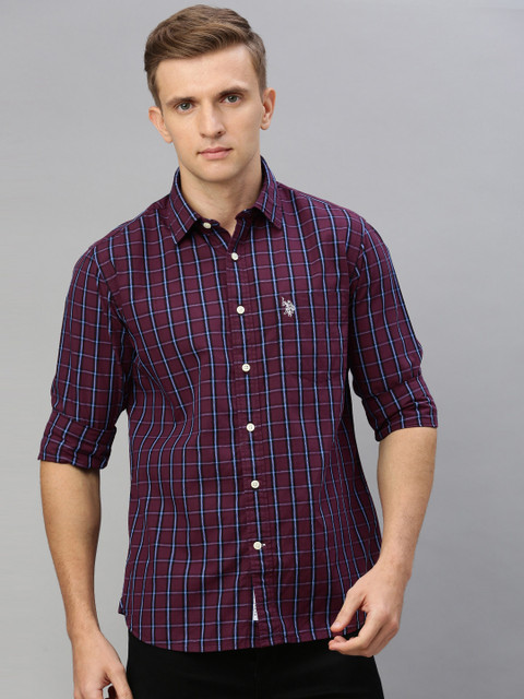 

U.S. Polo Assn. Men Burgundy & Blue Tailored Fit Checked Casual Shirt