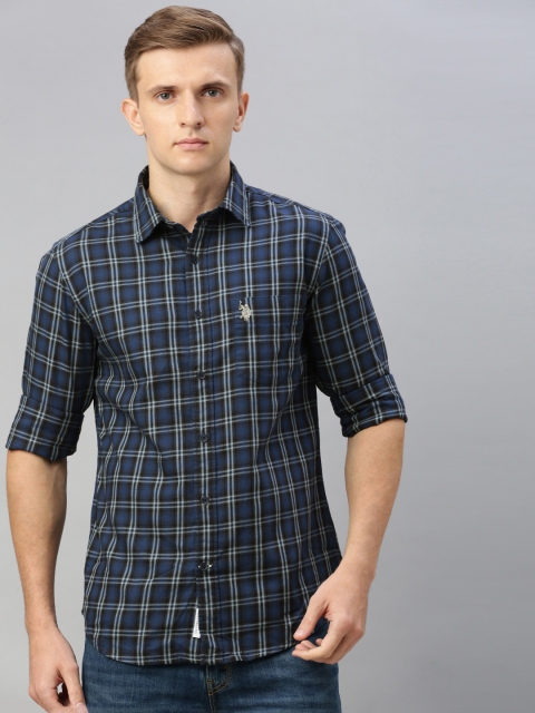 

U.S. Polo Assn. Men Blue & Black Tailored Fit Checked Casual Shirt