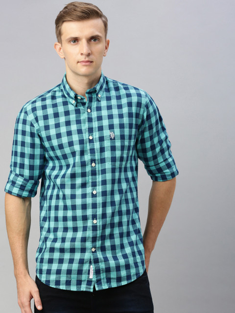 

U.S. Polo Assn. Men Blue & Navy Blue Tailored Fit Checked Casual Shirt