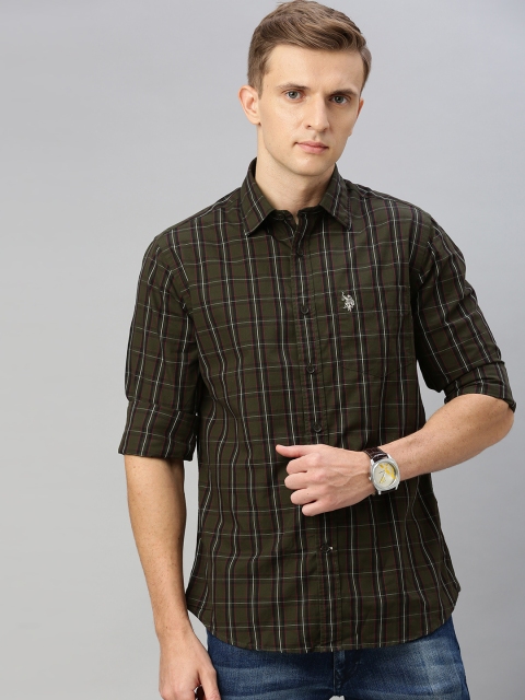 

U.S. Polo Assn. Men Olive Green & White Tailored Fit Checked Casual Shirt