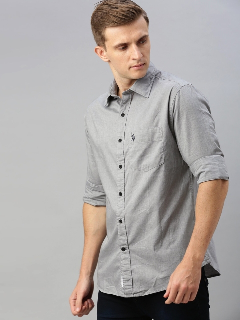 

U.S. Polo Assn. Men Grey Tailored Fit Self Design Casual Shirt