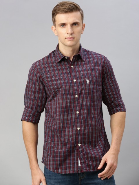 

U.S. Polo Assn. Men Burgundy & Navy Blue Tailored Fit Checked Casual Shirt