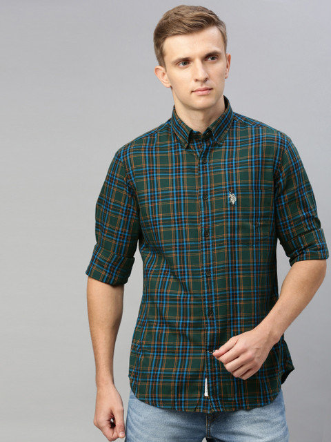

U.S. Polo Assn. Men Green & Blue Tailored Fit Checked Casual Shirt