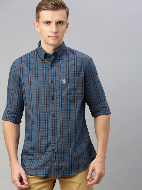 

U.S. Polo Assn. Men Blue & Brown Tailored Fit Checked Casual Shirt
