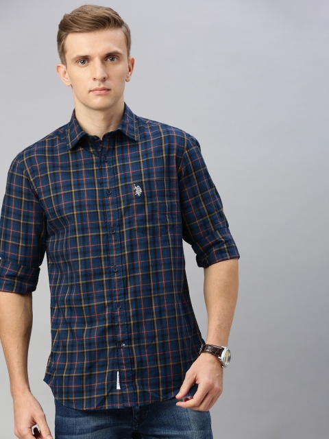 

U.S. Polo Assn. Men Teal Blue & Mustard Yellow Tailored Fit Checked Casual Shirt