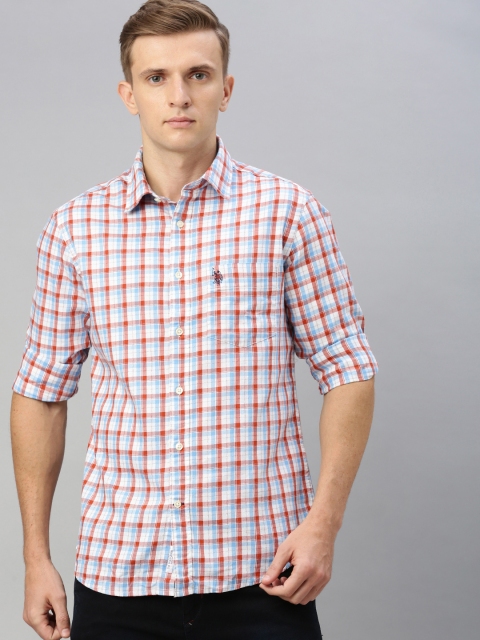 

U.S. Polo Assn. Men White & Coral Orange Tailored Fit Checked Casual Shirt