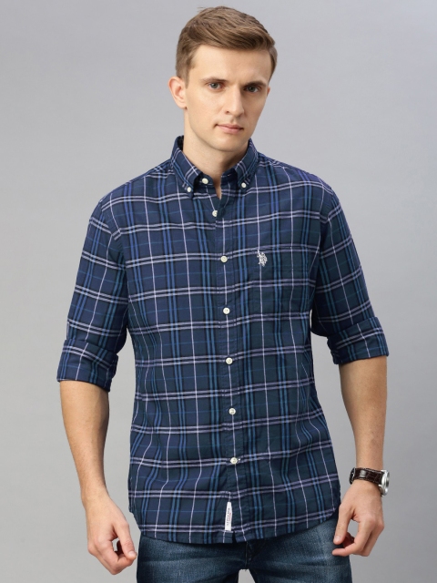 

U.S. Polo Assn. Men Navy Blue & White Tailored Fit Checked Casual Shirt