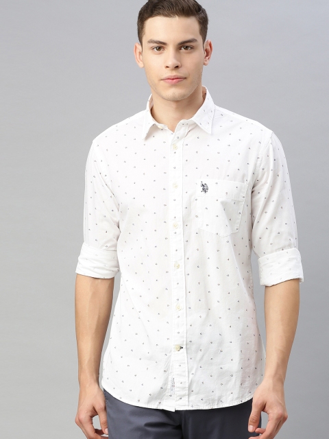 

U.S. Polo Assn. Men White & Blue Tailored Fit Printed Casual Shirt