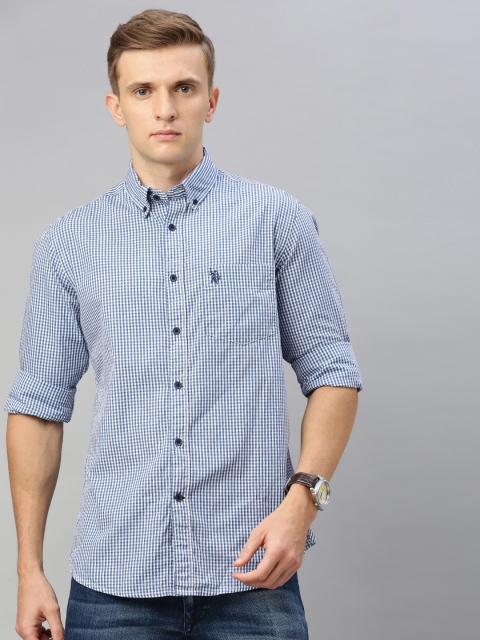 

U.S. Polo Assn. Men Blue & White Tailored Fit Checked Casual Shirt