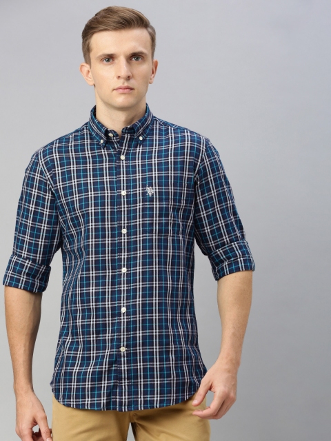 

U.S. Polo Assn. Men Blue & White Tailored Fit Checked Casual Shirt