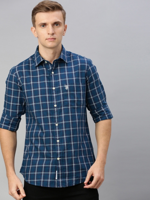 

U.S. Polo Assn. Men Teal Blue & White Tailored Fit Checked Casual Shirt