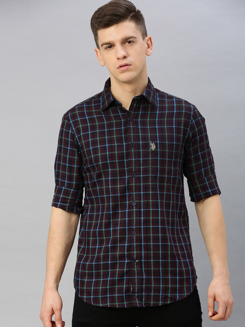 

U.S. Polo Assn. Men Burgundy & Blue Tailored Fit Checked Casual Shirt